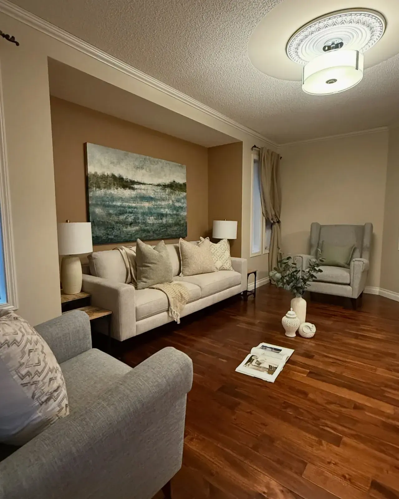 Beige Living Room Refresh — Warm neutral walls and trim in a freshly staged living room