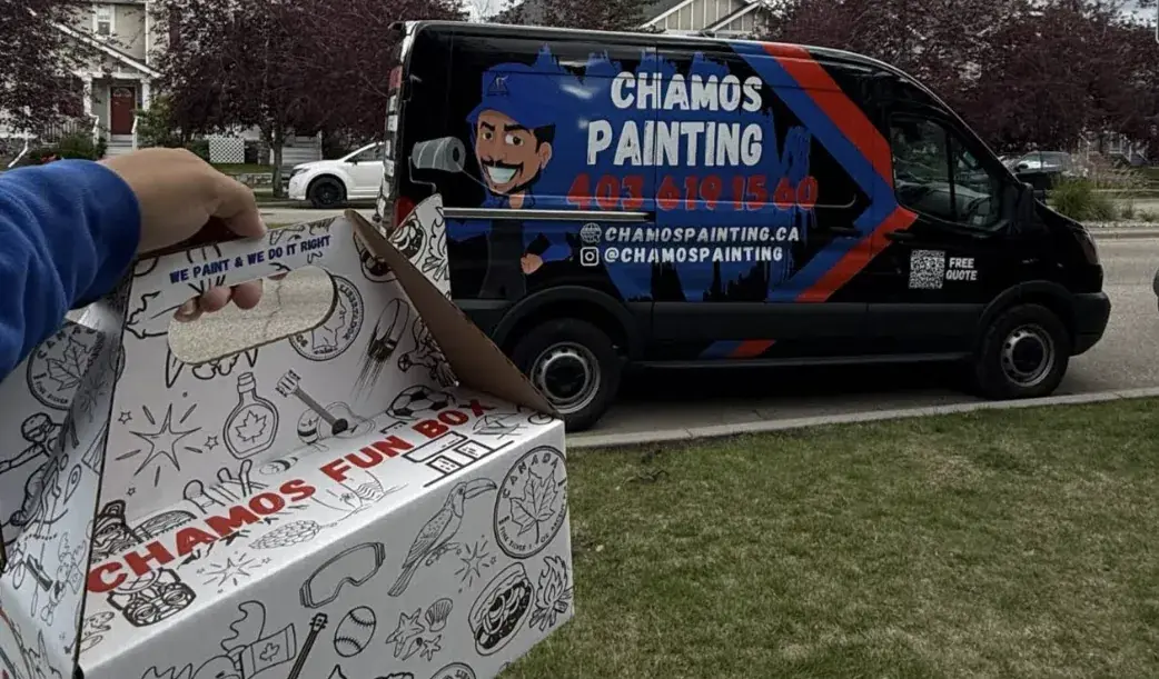 The Chamos Painting branded van in a Calgary residential neighbourhood