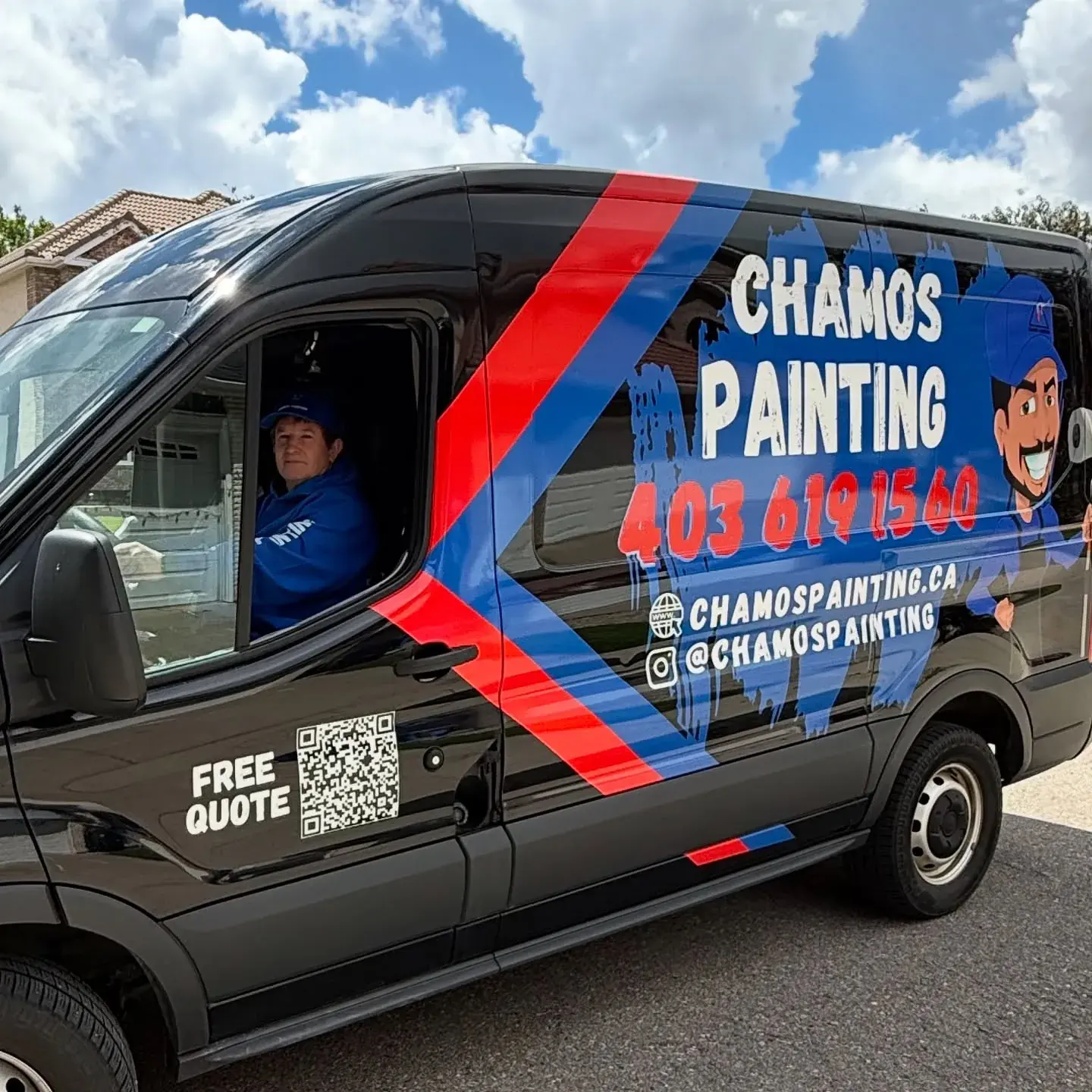 Chamos Painting branded van arriving at a Calgary job